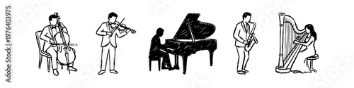 Hand-drawn sketches of musicians playing cello, violin, piano, saxophone, and harp. Elegant minimalist line art collection on a white background for musical themes.