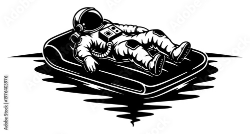 Astronaut relaxing on an inflatable mattress floating on water ripples in surreal vector style