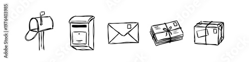 Hand-drawn postal service icons including mailboxes, envelopes, and a package. Sketchy black and white doodle set of mail and delivery correspondence elements on a white background.