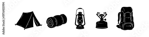 Set of black camping equipment silhouettes including tent, sleeping bag, lantern, stove, and backpack. Isolated graphic elements for outdoor adventure, hiking, and travel design themes.