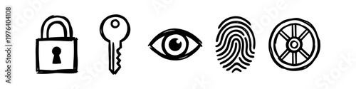 Hand-drawn security icons set in a sketchy doodle style. Includes padlock, key, eye, fingerprint, and safe dial for concepts of data protection, privacy, and authentication.