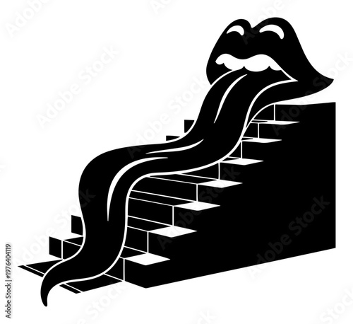 Open mouth with long tongue flowing down staircase silhouette vector