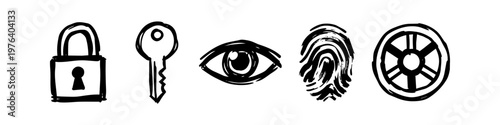 Hand-drawn security icons including a padlock, key, eye, fingerprint, and vault wheel. Sketchy black ink doodles for cyber security, privacy, and biometric authentication on white background.