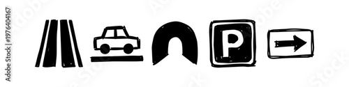 Hand-drawn set of transportation icons including a car, road, tunnel, parking sign, and arrow. Sketchy doodle style for travel, driving, infrastructure, and navigation themes.