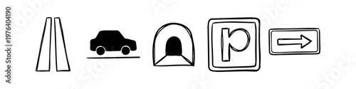 Hand-drawn doodle icons of transportation and road travel elements including a car, parking sign, tunnel, road path, and directional arrow. Black ink sketch on white background.