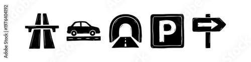 Set of hand-drawn doodle traffic and transportation icons including highway, car, tunnel, parking, and signpost. Isolated black ink sketches for travel and road trip design concepts.