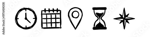Hand-drawn set of time and location icons including a clock, calendar, map pin, hourglass, and compass. Sketchy doodle style on white background.