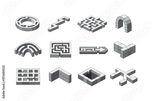 Isometric vector icons of maze structures: passage ring, winding path stripe, complexity mesh, exit arc, multi-branch arc,