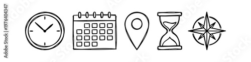 Set of hand-drawn doodle icons including a clock, calendar, map pin, hourglass, and compass. Minimalist black ink sketches for time management, planning, navigation, and travel concepts.