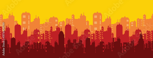 Abstract red and yellow background featuring a vector city skyline silhouette with urban architecture and skyscrapers under a sunset sky illustration