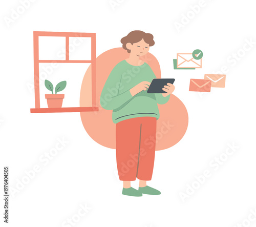 Gentle person checks email by a window holding a device loosely as light spreads and the inbox causes no rush today calmly!! |