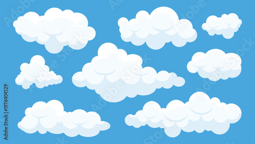 Blue vector sky illustration featuring a seamless pattern of fluffy white cartoon clouds in a bright summer nature design for a light and airy cloudscape wallpaper