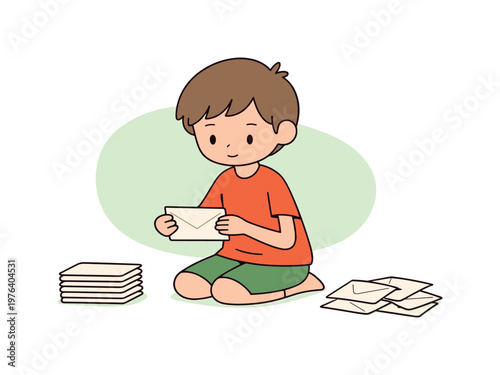 Gentle routine shows a child sorting envelopes one by one, stacking them evenly before moving to the next pile | scene of child