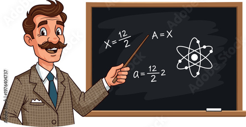 A cartoon man in a suit pointing at a blackboard with math equations on transparent background