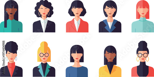 A diverse group of women with different hairstyles and outfits on transparent background