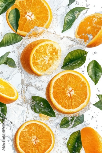 fresh orange juice splash with whole and sliced oranges, isolated on white background