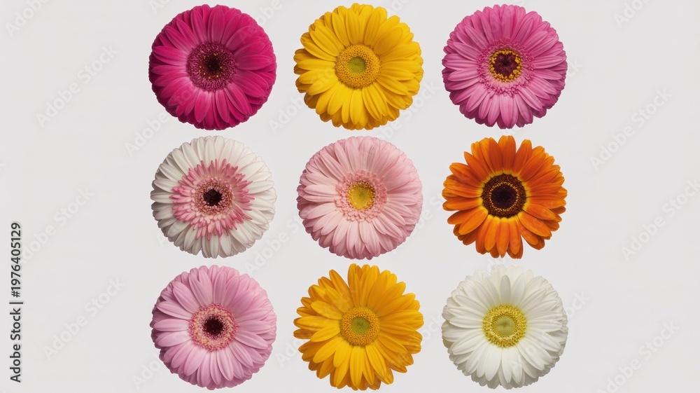 Fototapeta premium Colorful gerbera daisies in various shades and arrangements displayed