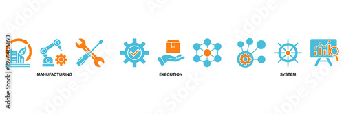 MES icon set Aqua Orange Flat concept for of manufacturing execution system with icon of factory, service, automation, operation, production, distribution, management, structure, and analysis