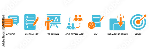Career icon set Aqua Orange Flat concept for advice, checklist, training, job exchange, cv, job application and goal