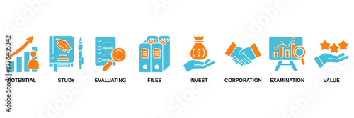Due diligence icon set Aqua Orange Flat concept for potential, study, evaluating, files, invest, corporation, examination and value