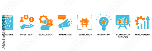 Business development icon set Aqua Orange Flat concept for strategy, investment, management, marketing, technology, innovation, competitor analysis, improvement