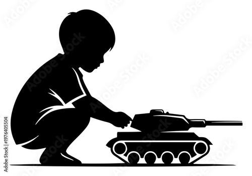 Child playing with a military tank toy exploring themes of war and childhood innocence in silhouette vector style
