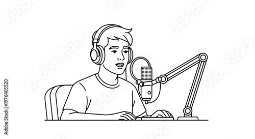 A young man wearing headphones speaks into a professional microphone, actively engaged in recording a podcast or broadcasting.