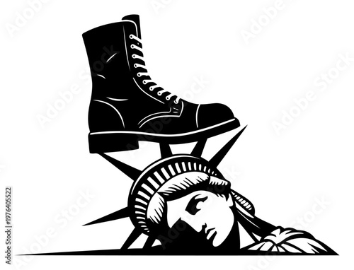 Boot stepping on Statue of Liberty head representing oppression and loss of freedom in minimalist black and white vector style