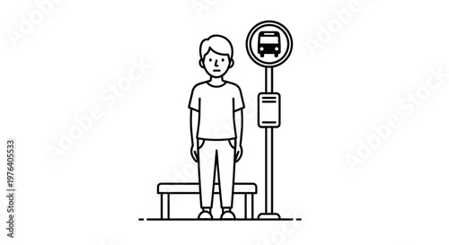 A solitary young man patiently waits at a bus stop, prepared for his daily commute using public transportation.