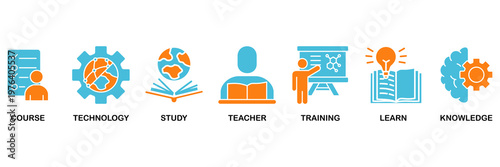 Online education icon set Aqua Orange Flat concept for course, technology, study, teacher, training, learn and knowledge