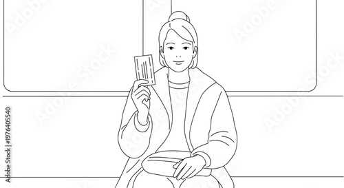 A happy young woman smiling cheerfully while holding a payment card, ready to use it on a train or public transport.