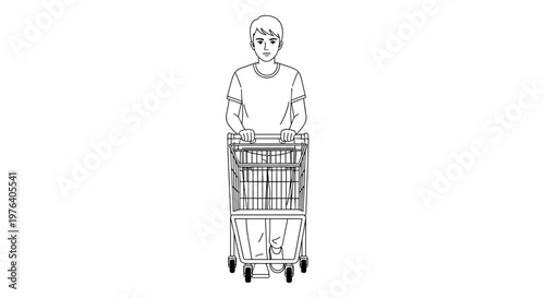 A young man stands confidently with a shopping cart, ready to navigate the aisles of a supermarket for his weekly groceries.