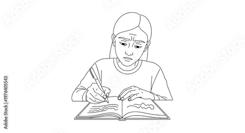 A serious young girl with a furrowed brow is diligently studying and writing in a notebook, concentrating on her homework or school assignment.