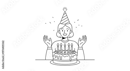 A joyful woman wearing a festive party hat excitedly celebrates her birthday with a beautifully decorated cake adorned with lit candles.