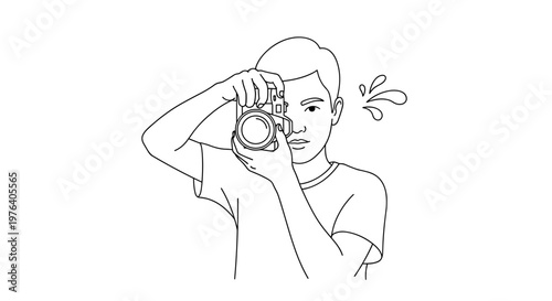 A young man is dynamically holding a camera and taking a photograph, with a distinctive flash light burst emanating from the side.