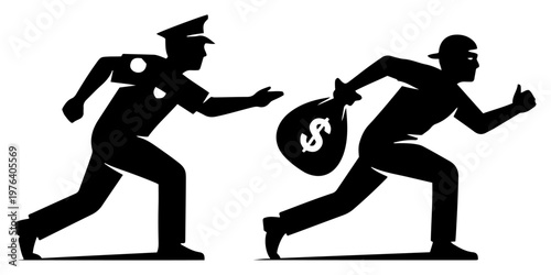 Police officer chasing a thief carrying a money bag representing crime and law enforcement in silhouette vector style