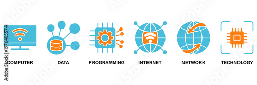 Information technology icon set Aqua Orange Flat concept for computer, data, programming, database, internet, network, and technology