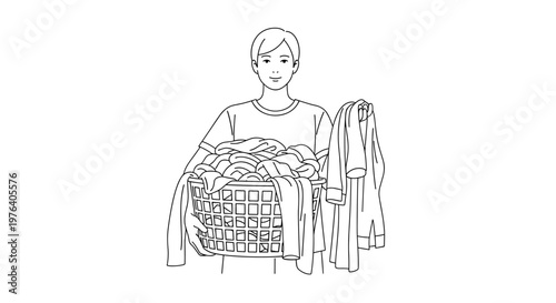 A young man stands, confidently holding a full laundry basket overflowing with clothes, signifying household chores and domestic responsibility.