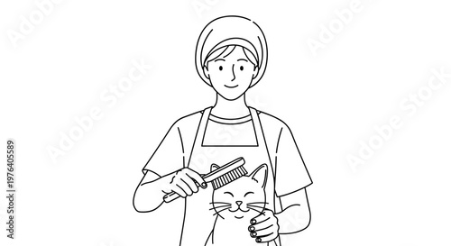 A cheerful person wearing an apron and a headscarf is gently grooming a happy-looking cat with a brush, demonstrating pet care and affection.
