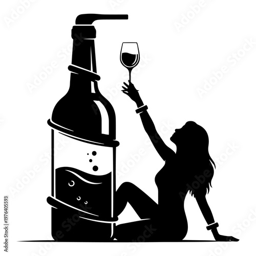 Woman silhouette sitting next to huge alcohol bottle holding wine glass in black and white vector style