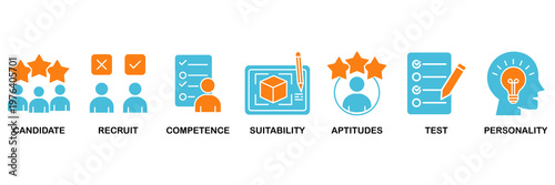 Assessment center icon set Aqua Orange Flat concept for for personal audit of human resources with icon of user candidate, recruit, competence, suitability, aptitudes, test and personality