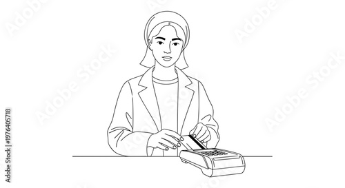 A woman is meticulously inserting a credit card into a payment terminal, indicating a financial transaction or customer service interaction.