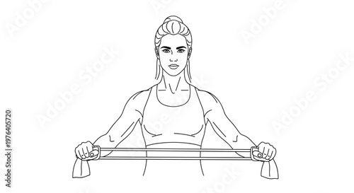 A determined woman is performing an exercise using a resistance band, showcasing strength training and commitment to her fitness routine.