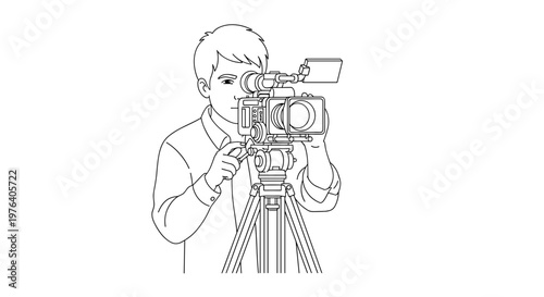 A professional videographer is attentively operating a high-definition video camera mounted on a sturdy tripod, carefully adjusting settings to capture footage.