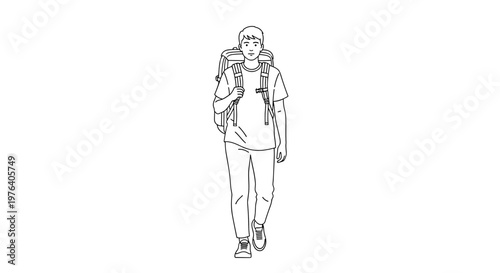 A young man wearing a large backpack walks confidently forward, ready for a journey, hike, or a backpacking adventure into the unknown.