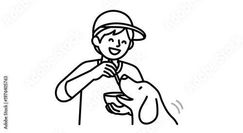 A happy young man wearing a baseball cap smiles cheerfully while gently feeding treats to a friendly dog from a small bowl.