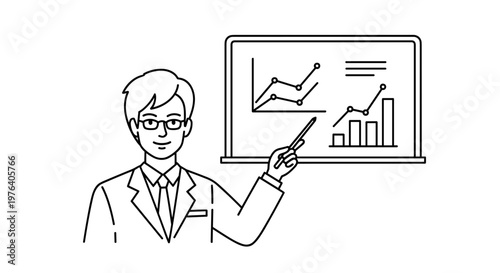 A knowledgeable man in a suit jacket and glasses points with a pointer stick to financial graphs on a laptop screen during a business presentation.