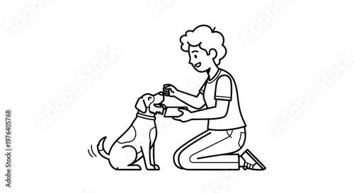 A cheerful person is joyfully kneeling down to interact with a happy dog, possibly offering a treat or gentle pets, demonstrating a loving connection.
