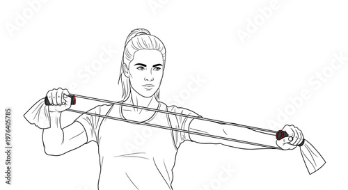 A focused woman performs an exercise using a resistance band, pulling it horizontally to work her arm and shoulder muscles.