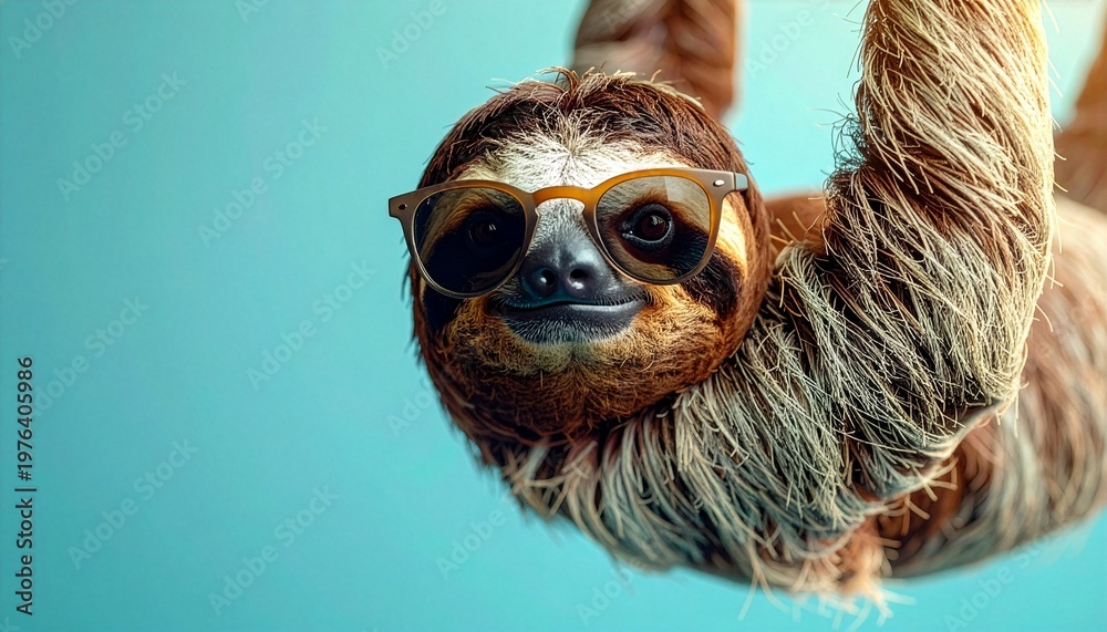 Fototapeta premium Close up portrait of a cool brown sloth wearing sunglasses on a vibrant turquoise background for summer fashion and funny animal character branding welder silhouette AI Generative 